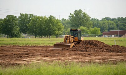 A bulldozer working on a construction site with freshly turned soil.