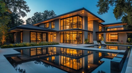 Obraz premium Modern Luxury Home with Reflecting Pool at Dusk