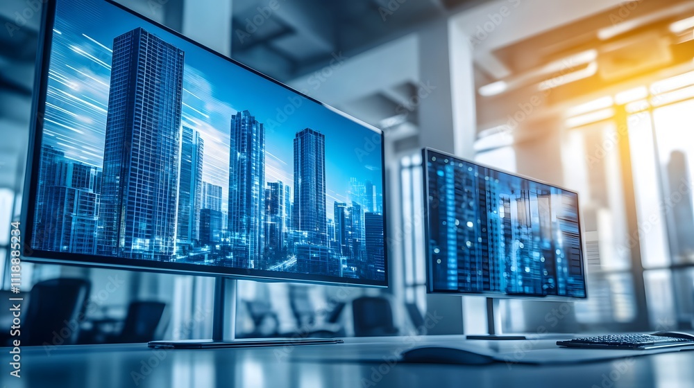 Poster two modern computer monitors displaying cityscape graphics in a sleek office environment.