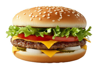 Classic cheeseburger with lettuce, tomato, onion, and sesame seed bun