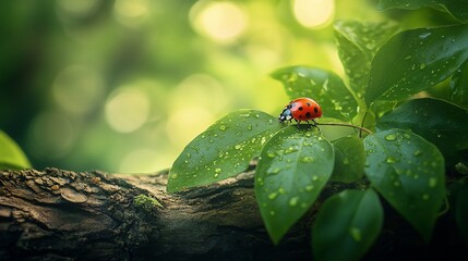 Obraz premium Ladybug on dewy leaf, green nature background.