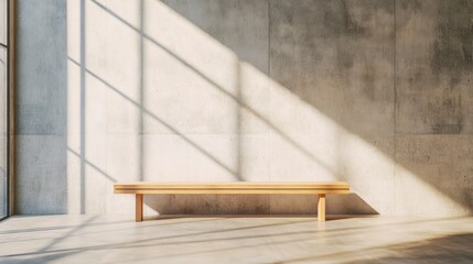 Minimalist interior with a wooden bench and natural light.