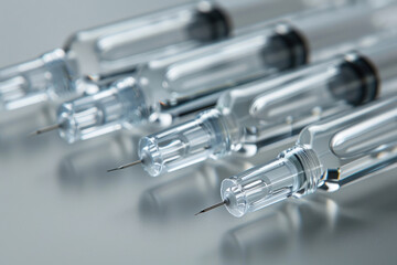 Glass medical ampoules for injection. Ampoules with vaccine, medicine, collagen, vitamins, clear liquid..     