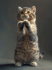 Naklejka premium A playful kitten standing on its hind legs with a curious expression.