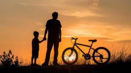 Obraz premium A silhouette of a parent and child holding hands by a bicycle at sunset.