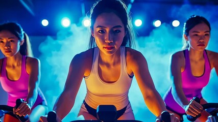 Three Asian women engage in a vigorous indoor cycling session. Illuminated by vibrant blue lights, they display focus and stamina. The setting evokes a sense of dedication and fitness drive.