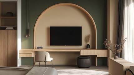 Modern bedroom with arched wooden TV console, desk, and chair.