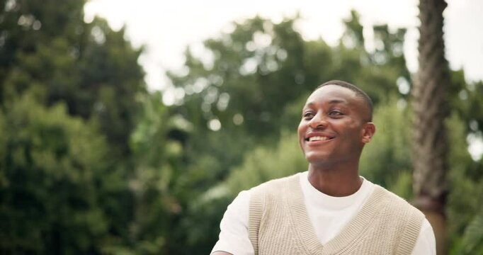 Outdoor, men and greeting of friends with bonding, gen z and hug with conversation in park. Connection, together and reunion with smile, happy and friendship with support and embrace in nature