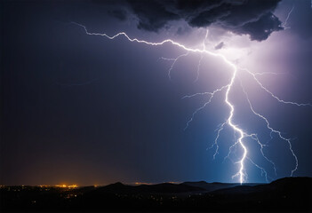 Spectacular Lightning Flashes Illuminate the Dramatic Cloudy Dark Night Sky.