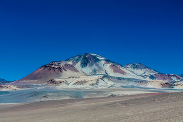 Ojos del Salado highest volcano on Earth mountain summit in Atacama desert in Chile. Volcanic mountain landscape in arid dry altiplano high altitude plains of chilean Andes