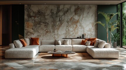 Modern living room with beige sectional sofa, marble wall, and large windows.