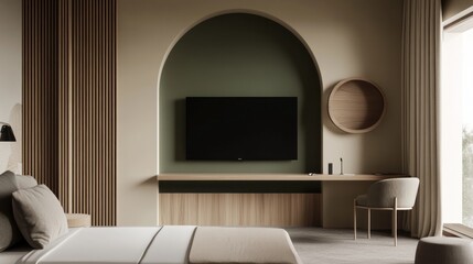 Modern bedroom interior with arched alcove, TV, and minimalist furniture.