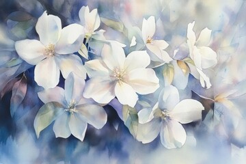 A delicate watercolor painting of white flowers against a soft background.