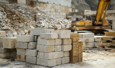 A construction site with stacked stones and machinery in the background.