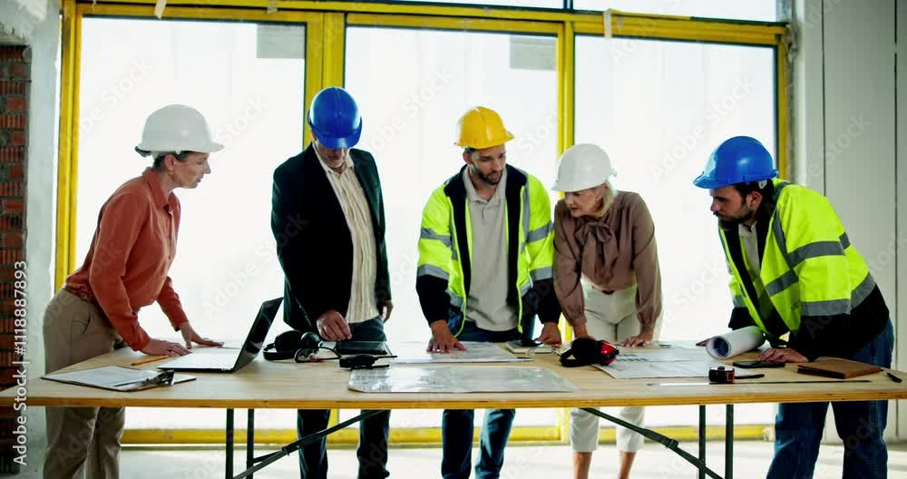 Poster Discussion, industry and construction team on site with blueprint for building maintenance. Meeting, collaboration and group of civil engineers work on architecture project for property development.