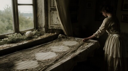 Fototapeta premium Woman examining antique lace tablecloth by window in rustic room.