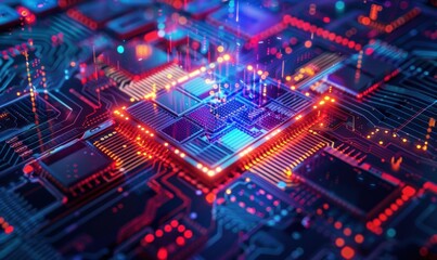 A vibrant close-up of a computer chip and circuitry design.