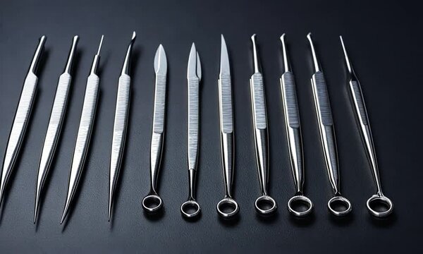 A collection of surgical instruments arranged in a row for medical use.