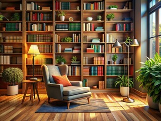 Stylish Home Library with Wooden Bookshelf and Comfortable Chair, Perfect for Reading and Relaxation in Cozy Indoor Space
