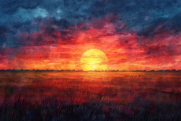 Obraz premium the sun rising over the fields in an abstract watercolor style, 