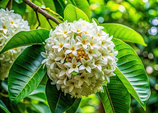 Suicide Tree Flowers, Pong Pong Bloom, Othalanga Petals, Urban Exploration Photography, White Flowers, Green Leaves, Raw Fruit