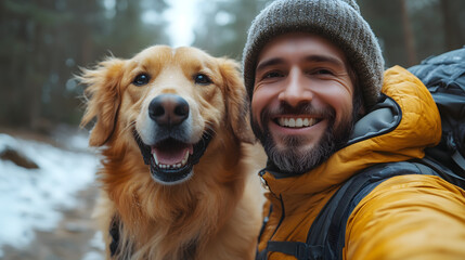 A man and his Golden Retriever take a cheerful selfie during a winter hike in a snowy forest. Their joyful expressions capture the essence of friendship and outdoor adventure.
