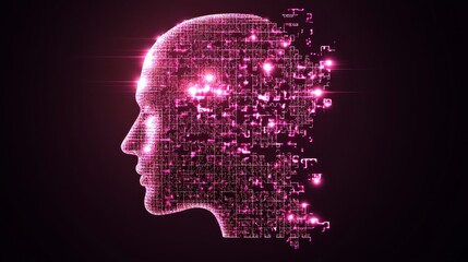 Obraz premium Abstract puzzle piece fitting snugly into a human head shape, glowing pink background, dynamic and thought-provoking concept