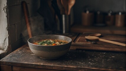 Steaming vegetable soup with fresh greenery, rustic kitchen for culinary blog.