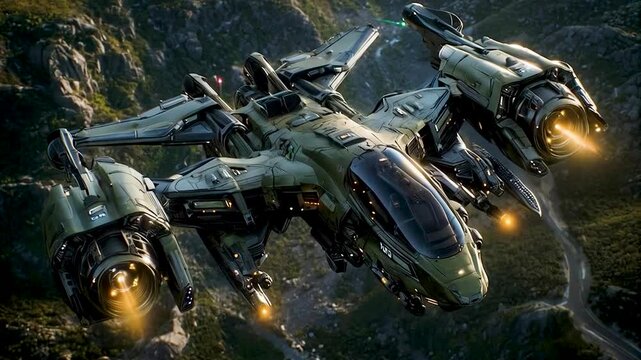 A sleek military spacecraft hovers above rugged mountains, showcasing its advanced design and powerful engines during a test flight in an isolated location.