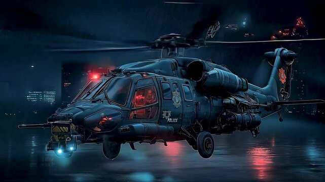 A police helicopter surveys the city at night, illuminating buildings with its searchlight and spotlight. The robust aircraft showcases law enforcement in action over a bustling urban landscape.