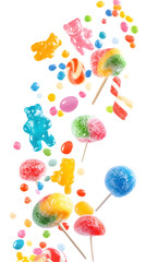 Falling Gummy bears, lollipops, cotton candy and jelly beans isolated on white background, full depth of field, transparent png background