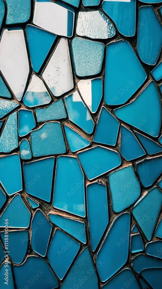 Poster mosaic pattern of blue glass tiles in abstract design showcasing intricate textures and reflections 