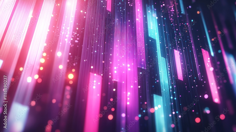 Poster abstract glowing vertical lines and particles.