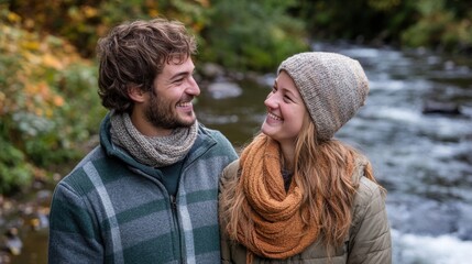 Fototapeta premium Happy Couple by the River in Autumn