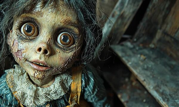 A close-up of a hauntingly realistic doll with large eyes and a worn, textured appearance.