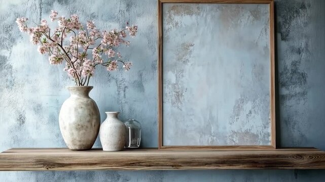 Decorative shelf with vases and empty frame against textured blue wall in a modern interior space