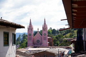 Jericó, Antioquia, Colombia; November 30, 2024: Distant shot of The Sanctuary of Santa Laura Church, also known as the Parish of the Heart of Mary.