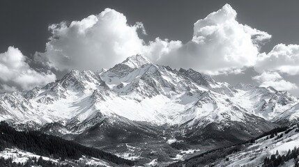 A black and white photograph captures the serene beauty of snow-capped mountains