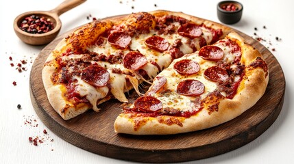 Italian pepperoni pizza slice, thin crispy crust with browned edges, melted mozzarella cheese, isolated on white background