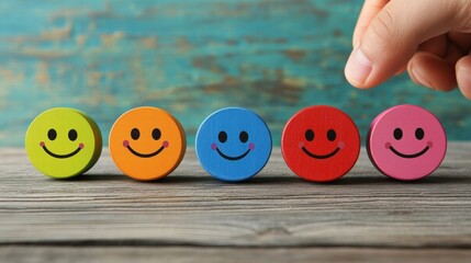 Colorful Smiley Faces on Wooden Background