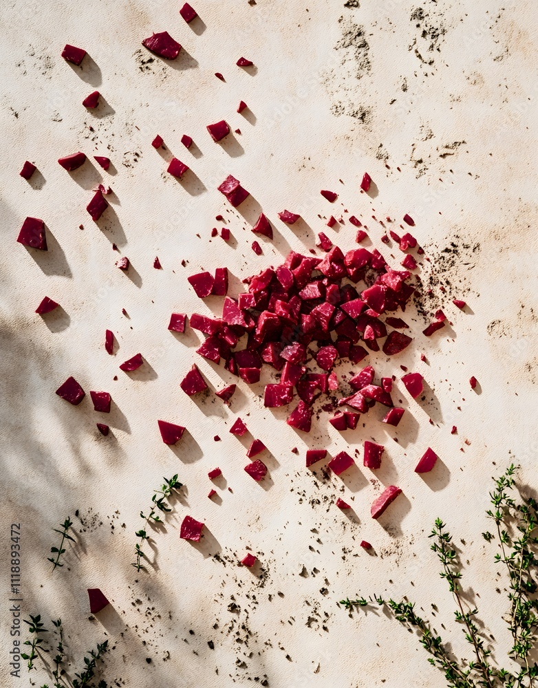 Poster aerial view of scattered red cubes on a textured surface with greenery.