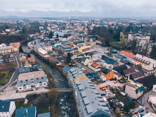Obraz premium Aerial View European Town Center, Houses and Streets, Vrchlabi, Czechia