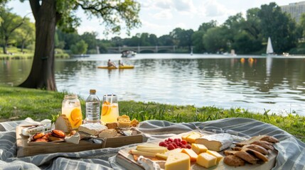 Obraz premium Lakeside picnic with cheese, fruit, and drinks.