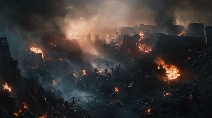 Apocalyptic Cityscape: Fiery Ruins and Desolation