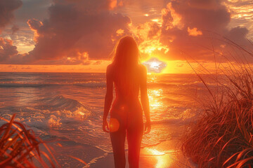 Fototapeta premium Beautiful girl in bikini on the beach at sunset..,. 