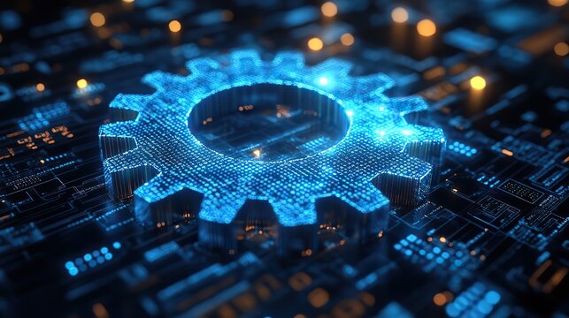 A blue gear outline on a digital background with binary code, symbolizing technology