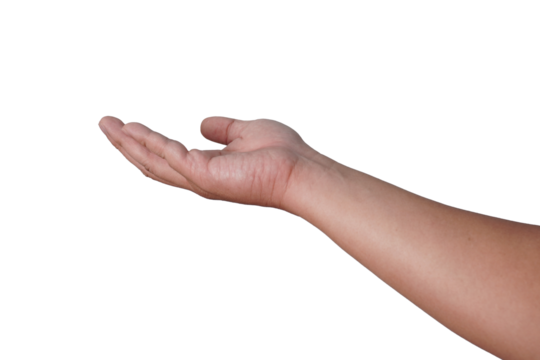 Male person hand receiving gesture, asking for help or donation, cut out isolated