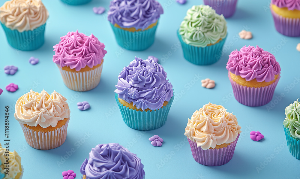 Poster colorful cupcakes with decorative with intricate buttercream. creating a delightful and vibrant dess