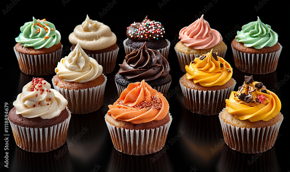 Poster colorful cupcakes with decorative with intricate buttercream. creating a delightful and vibrant dess