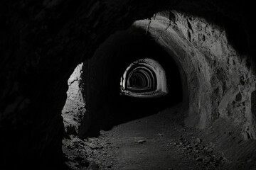 Dark, Mysterious Underground Tunnel with Rock Walls and Dim Lighting, Perfect for Exploring...